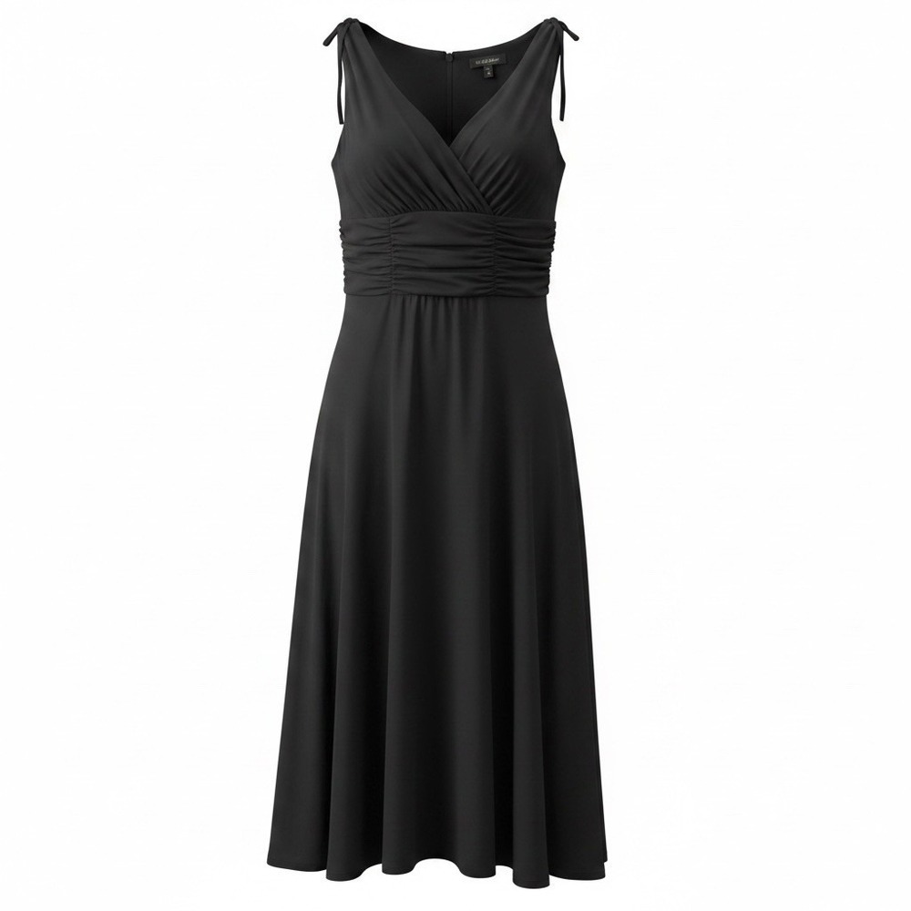 Connected Apparel Womens 10P Black Chiffon Fit & Flare Midi Dress V-Neck Ruched